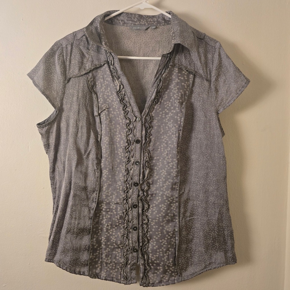 Per Una Blouse Button Down Short Sleeve Floral Gray Womens 14